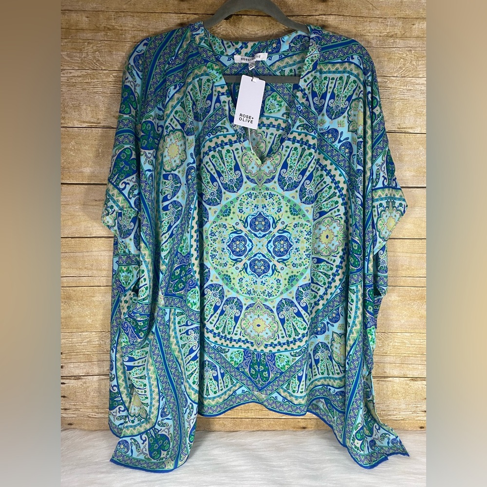 NWT Rose + Olive Medallion Print Dolman Sleeve Boho Kaftan Blouse Size 1X 2X